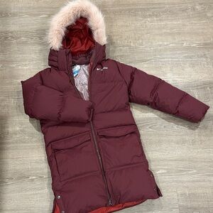 Columbia Rockfall Mid Down Maroon Puffer Jacket with Faux Fur Trim